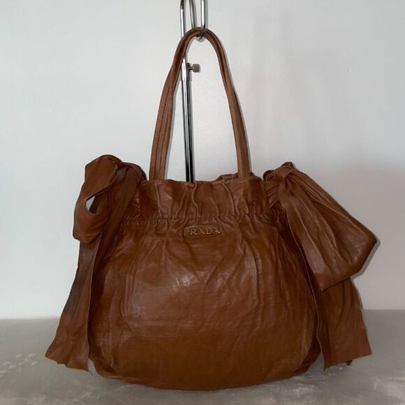 AUTHENTIC PRADA LAMBSKIN HOBO BAG CAMEL MEDIUM - Picture 1 of 15